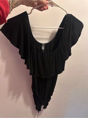Alya Black Ruffle Off-Shoulder Bodysuit